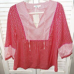 NWT Boden Gauzy Tie Neck Top Womens Red Pullover Boho Star Print Blouse Size 10